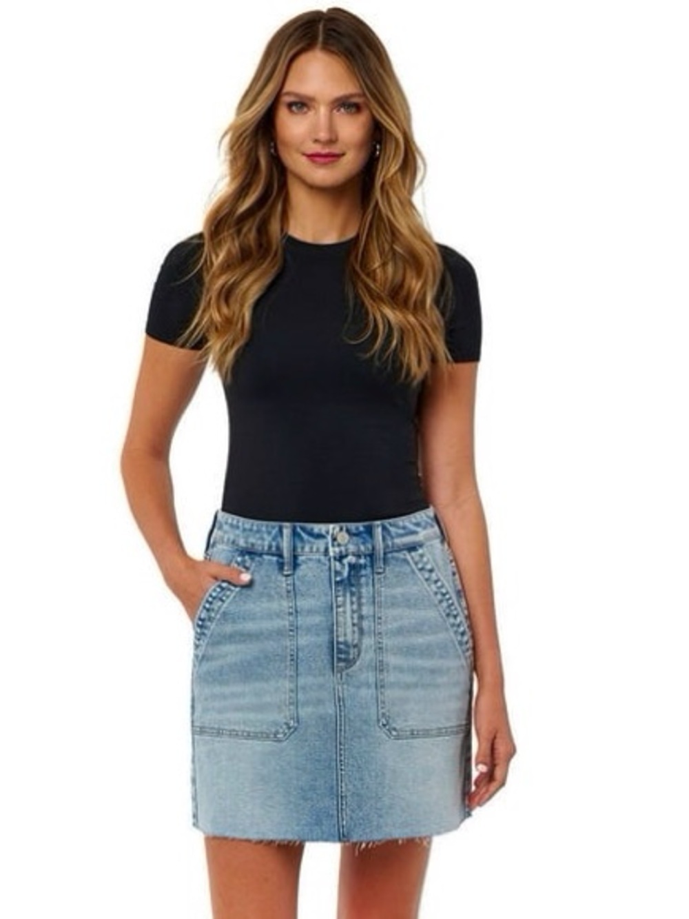 Edited by Demi Bader Denim Utility Mini Skirt Light Wash Stretch Raw Hem Size 12
